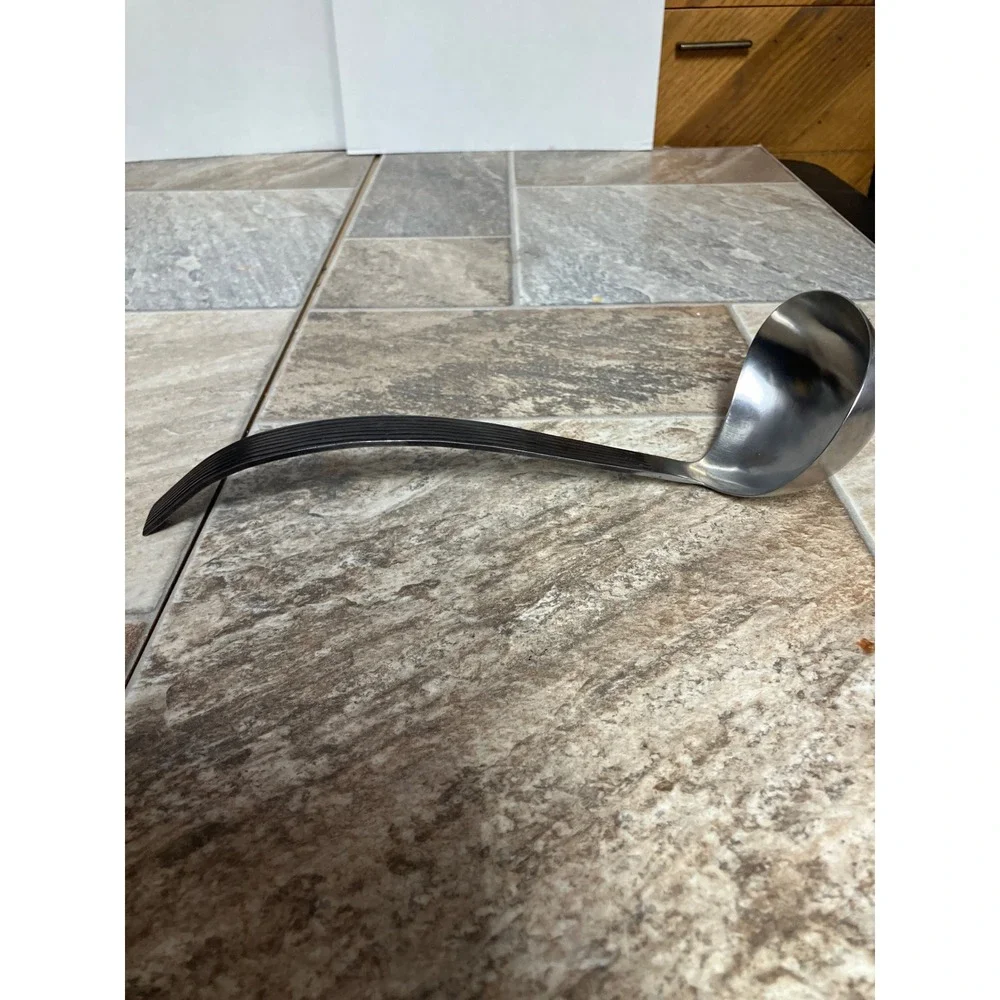 Sasaki Stainless Steel Gravy Ladle Ribbed Black Handle Mid Century Modern 10.25